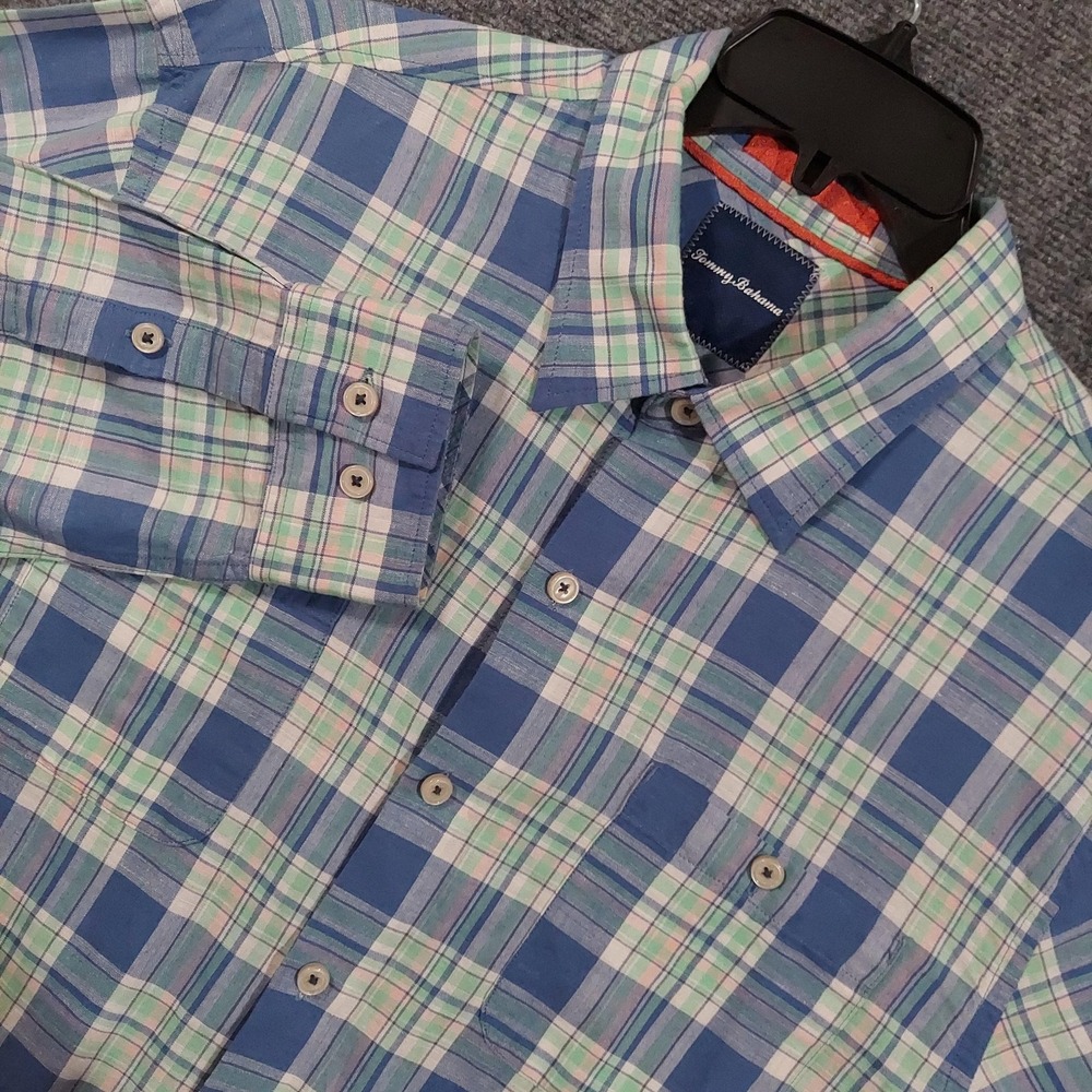 Tommy Bahama Shirt Mens Large Blue Green Plaid Linen Button Up‎ Long Sleeve